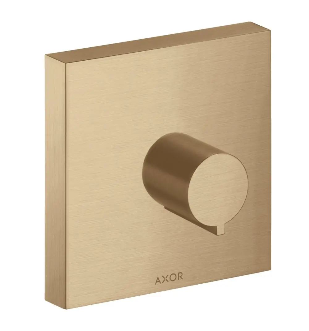 Unterputz-Absperrventil in Brushed Bronze mit quadratischem Platten-Design und runder Drehknopfsteuerung, Marke AXOR.